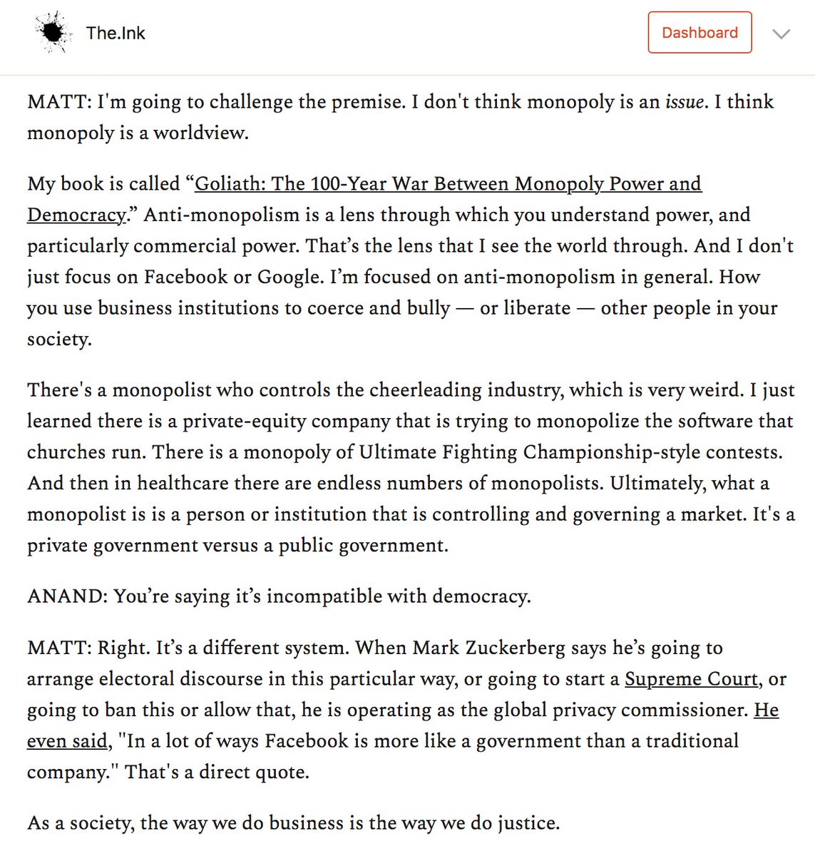 Monopoly,  @matthewstoller argues, isn't an issue the way healthcare is.It's a worldview. It's a lens through which to examine power.And it is an alternative to democracy rather than a policy question within democracy.Because either there is private government or public.