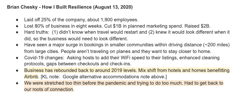 8/  @bchesky on How I Build Resilience (August 2020):Covid-19 response: We were stretched too thin before the pandemic and trying to do too much. Had to get back to our roots of connection. Cut headcount and OpEx. Drastically scaled back projects.  https://podcasts.apple.com/au/podcast/how-i-built-resilience-brian-chesky-of-airbnb/id1150510297?i=1000487979890