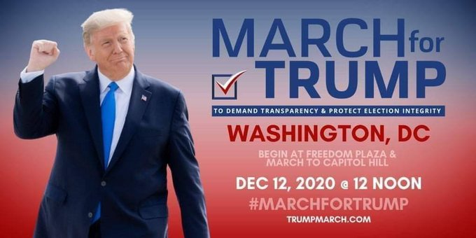 MARCH FOR TRUMP DECEMBER 12 CAPITOL HILL #StopTheSteal #AuditTheVote #ElectionIntegrityNOW #MillionsMAGAMarch TWO DAYS BEFORE THE ELECTORAL COLLEGE DELEGATION MEETS IN DC WE WILL #MarchForTrump! DEC 12TH • 12PM FREEDOM PLAZA 🇺🇸

GOD PROTECT AMERICA, AND HER CITIZENS OF LIGHT