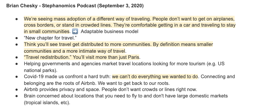 9/  @bchesky on Stephanomics (September 2020):Adaptability: Seeing mass adoption of a different way of travel. People don’t want to get on planes, cross borders, or be in crowds. They’re comfortable driving and traveling to stay in small communities. https://podcasts.apple.com/us/podcast/bonus-airbnb-ceo-brian-chesky/id1038108799?i=1000490028909