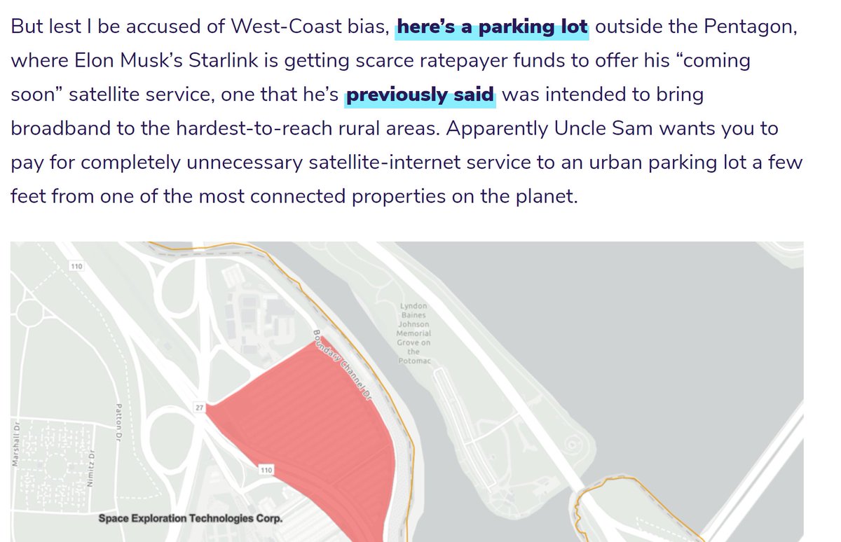 Then there's Starlink, owned by one of the richest human beings on the planet, which also got nearly $1 billion to offer broadband to places that don't make sense, like this parking lot near the Pentagon: