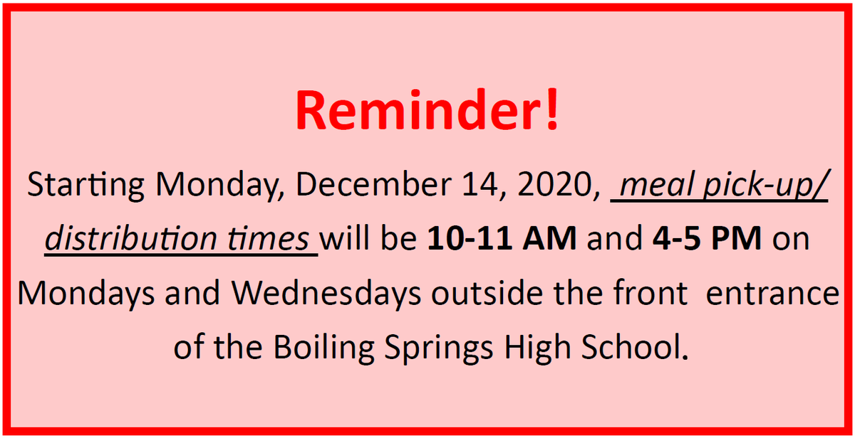 South_Middleton's tweet photo. Reminder: Meal pick-up/distribution times are changing starting Monday, 12/14. 

For more information, please visit the Food Services pages on our website: https://t.co/EahMZ3jVP8. https://t.co/S8KeeKu1Ok
