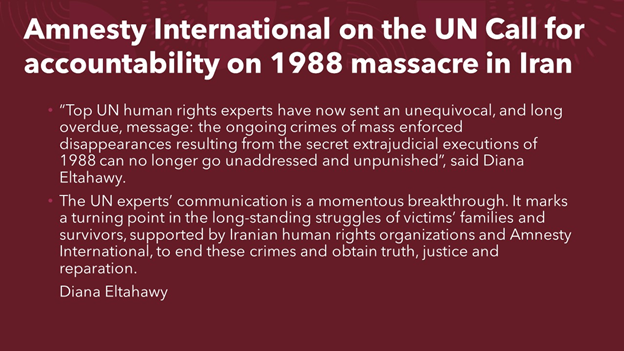 4)Given  @Amnesty's position: #Iran: #UN calls 4accountability on  #1988massacre marks turning point in 3decade struggleWill  #EU sanction  #Iranian regime officials,i.e.Khamenei, Rouhani,Raisi,etc?Will EU condition any future relations to accountability 4perpetrators? #HumanRightsDay  