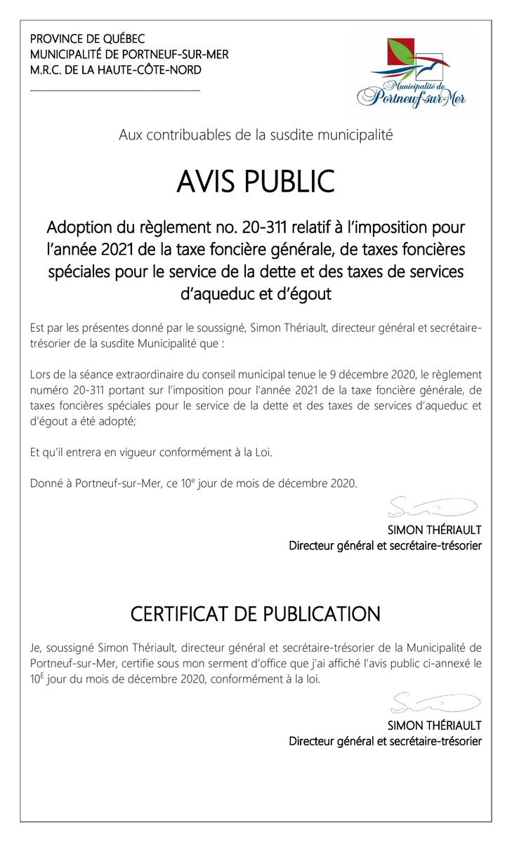 Le conseil municipal adopte un budget 2021 axé vers la continuité : portneuf-sur-mer.ca/images/PDF/COM…