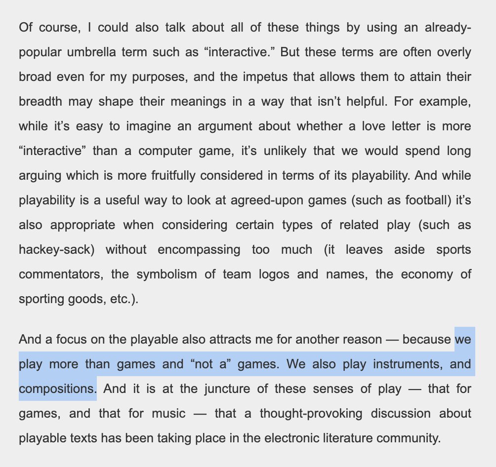 instruments are also neat as a design metaphor because they’re a form of *playable media* distinct from both games & toys. see eg  @noahwf on “textual instruments”, or playable texts designed to invite expressive use  http://www.dichtung-digital.de/2005/1/Wardrip-Fruin/index.htm