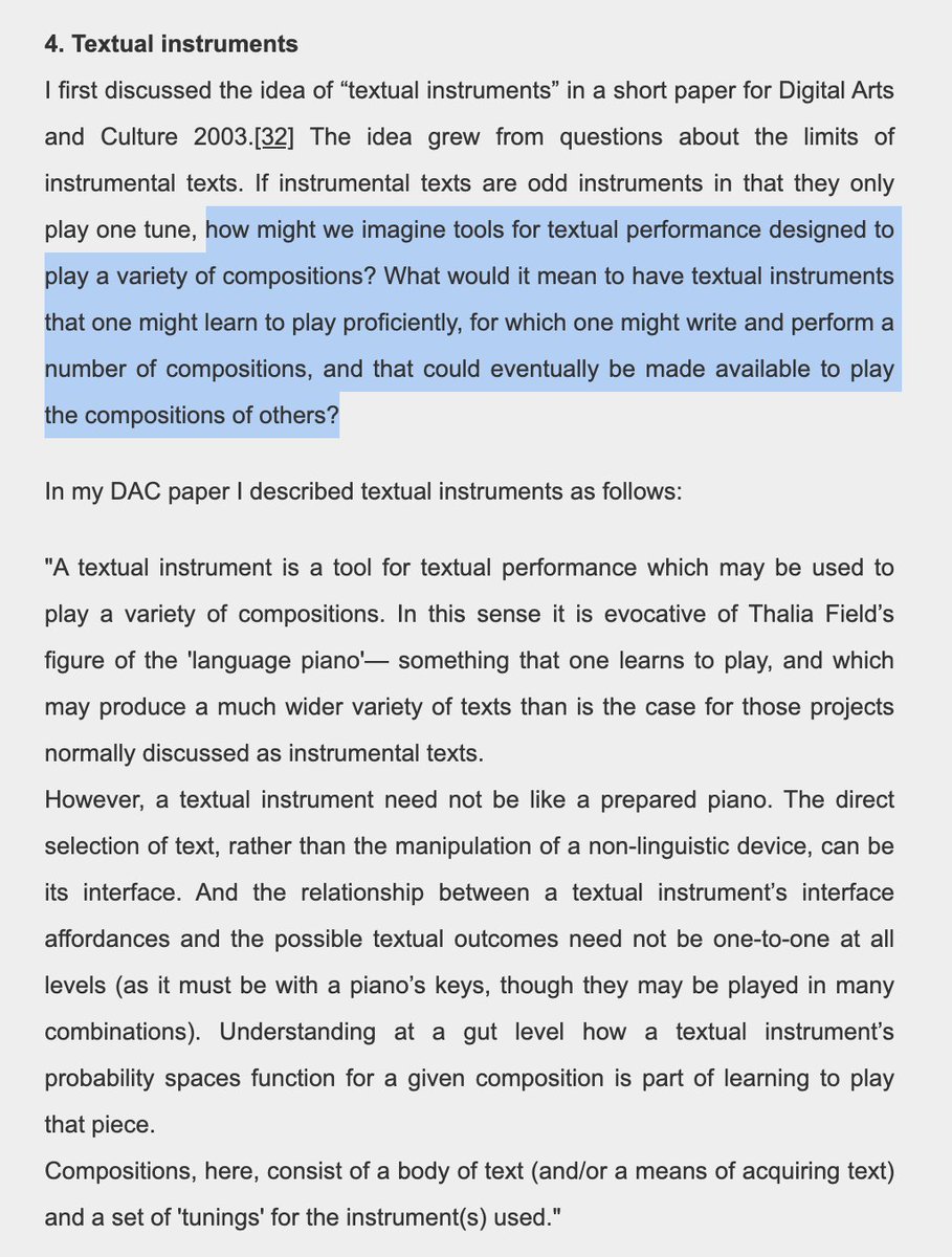 instruments are also neat as a design metaphor because they’re a form of *playable media* distinct from both games & toys. see eg  @noahwf on “textual instruments”, or playable texts designed to invite expressive use  http://www.dichtung-digital.de/2005/1/Wardrip-Fruin/index.htm