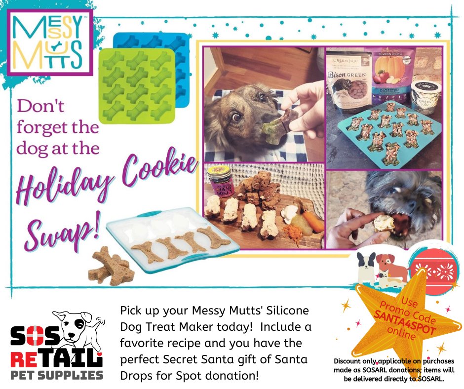 🍪 Participating in a #cookieswap? Don't forget about the pups! Stop by the store to grab your Messy Mutts dog treat-maker!

This is a great idea if you're participating in our #SecretSanta gift exchange or our #DropsforSpot donation!

#sosretail #adoptdontshop