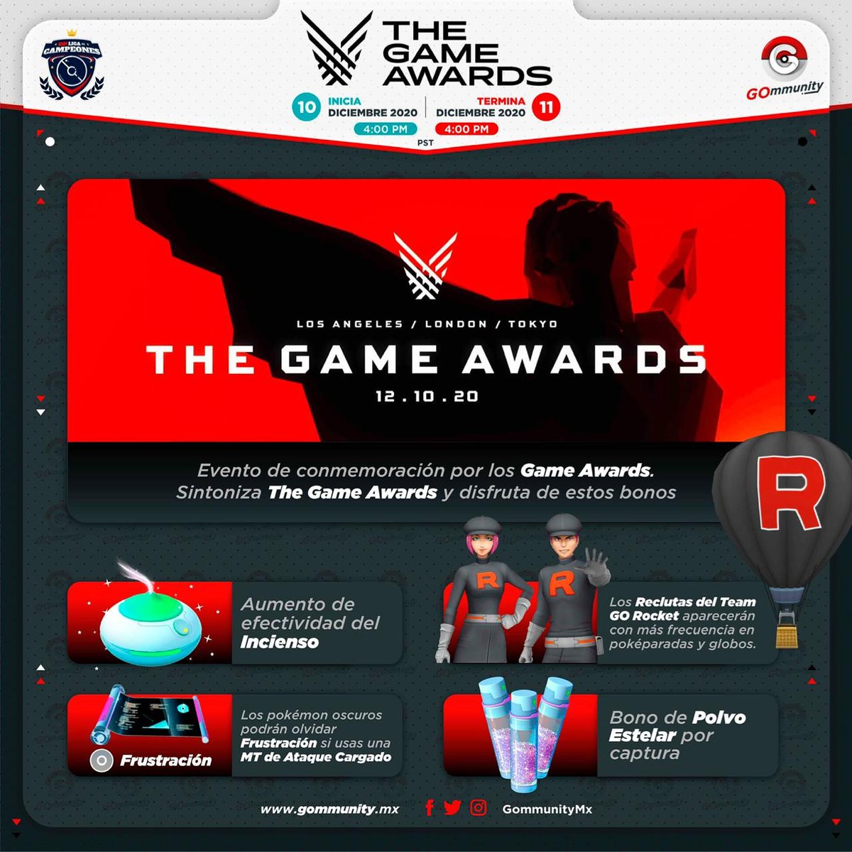 FMPGo_'s tweet photo. Preparen sus mejores #Pokémon, el #TeamRocket está por llegar, durante 24 horas podremos quitar frustración y aumentaran algunos beneficios por la celebración de los #gameawards2020 https://t.co/xYsJ0qRbKm