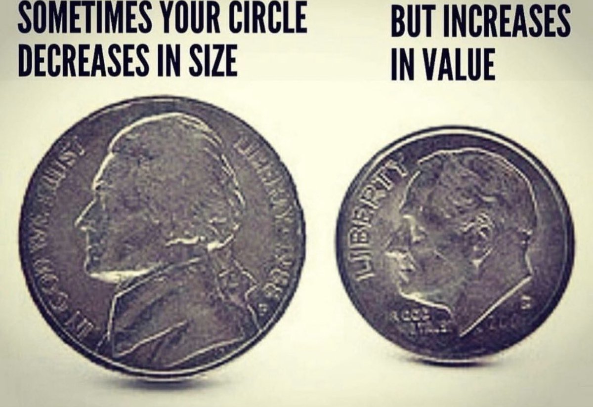 Love this one. Evaluate who is in your circle. Are they increasing your value or decreasing it. Choose your friends wisely. You are the average of the 5 people you hang out with the most.