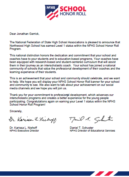 MCPSAthletics's tweet photo. Congratulations to @NHS_Gladiators @NorthwoodPrin for earning Level 1 status with the @NFHS_Org School Honor Roll Program. The first school to do so in the state of Maryland! #WeRAISE @mcpsAD #AlwaysLead https://t.co/DeUBRF0XDO
