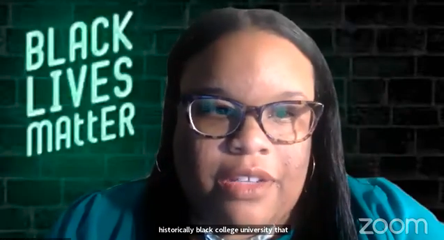 BLM neon in the background of one of the presenters