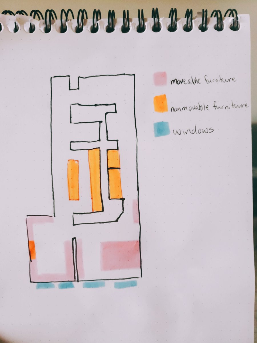 Moving on to my current APT! This has 1100sqft BUT majority isn't usable space! It's very narrow and is like a race car track!Mid left galley kitchen, bot left living room, bot right bedroom, mid right jack n' jill bathroom. entire right and window wall is brick