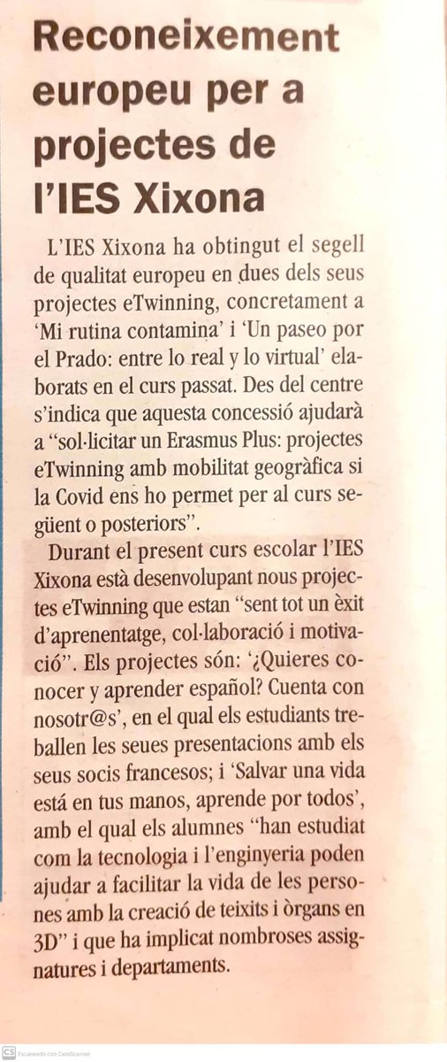 sogarhon's tweet photo. @eTwinning_es Gracias al periódico "El nostre Xixona" por dar difusión a los proyectos eTwinning que llevamls a cabo en el IES XIXONA. Y sobre todo a nuestros alumnos por su motivación e implicación en estos proyectos. https://t.co/tq3FX4eazA