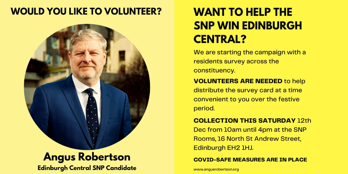 AngusRobertson's tweet photo. Want to help the SNP win Edinburgh Central from the Tories? Pls volunteer and help distribute survey cards. Collection this Sat 12th Dec 10am-4pm from SNP Rooms, 16 North Saint Andrew St, Edinburgh, EH2 1HJ #EdinburghCentral #SNPActive https://t.co/qblWT33Ja9