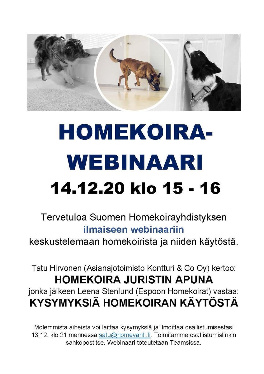 Homekoirat's tweet photo. Maanantaina 14.12 klo15 on ilmainen HOMEKOIRAWEBINAARI, jossa lakimies Tatu Hirvonen kertoo homekoiran käytöstä juristin apuna, sen jälkeen olen vastailemassa kysymyksiin, mitä vaan homekoirista ja homekoirien käytöstä. 😊 
#sisäilma #homekoira #rta #kiinteistökauppa #opuslex https://t.co/syBHe9MvXH