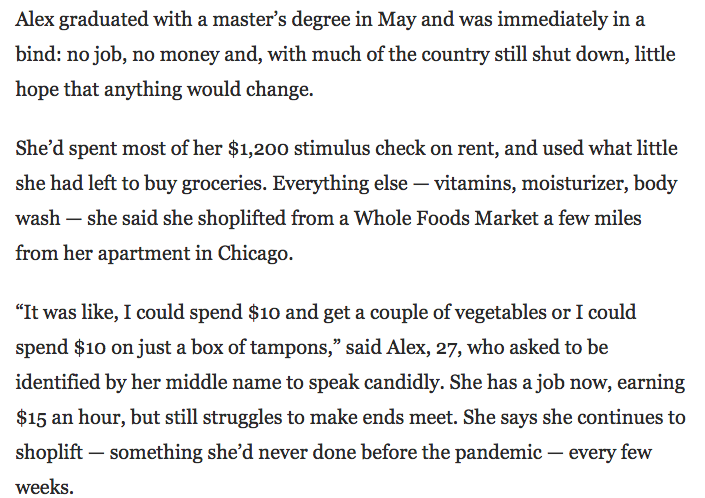 lol Interesting to see, in the Jeff-Bezos-owned Washington Post, a woman named Alex admitting that she shoplifts from Whole Foods & says that she doesn't "feel too bad about taking $15 or $20 of stuff from Whole Foods when Jeff Bezos is the richest man on Earth."
