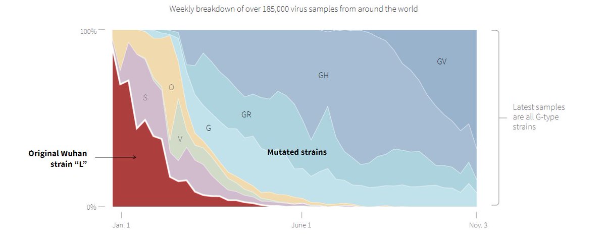 . @Reuters analyzed over 185,000 genome samples from the Global Initiative on Sharing All influenza Data, the largest database of novel coronavirus genome sequences in the world, to show how the global dominance of major strains has shifted over time 2/6