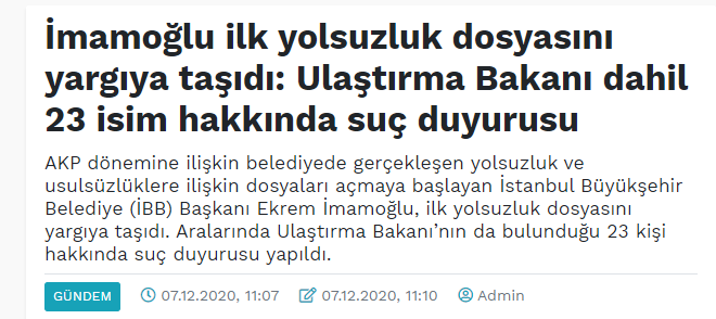 TwiterSonDakika's tweet photo. "İmamoğlu ilk yolsuzluk dosyasını yargıya taşıdı: Ulaştırma Bakanı dahil 23 isim hakkında suç duyurusu" haberlerine erişim engeli getirildi. https://t.co/Zy161hf2gq