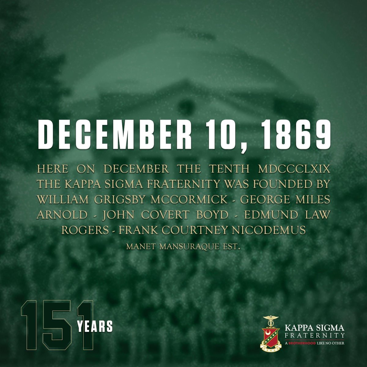 In 1869 the greatest fraternity the world has ever known was founded.  Today we celebrate 151 years of A Brotherhood Like No Other.  Thank you to all the generations and alumni that made this possible.  Happy Founders' Day brothers!