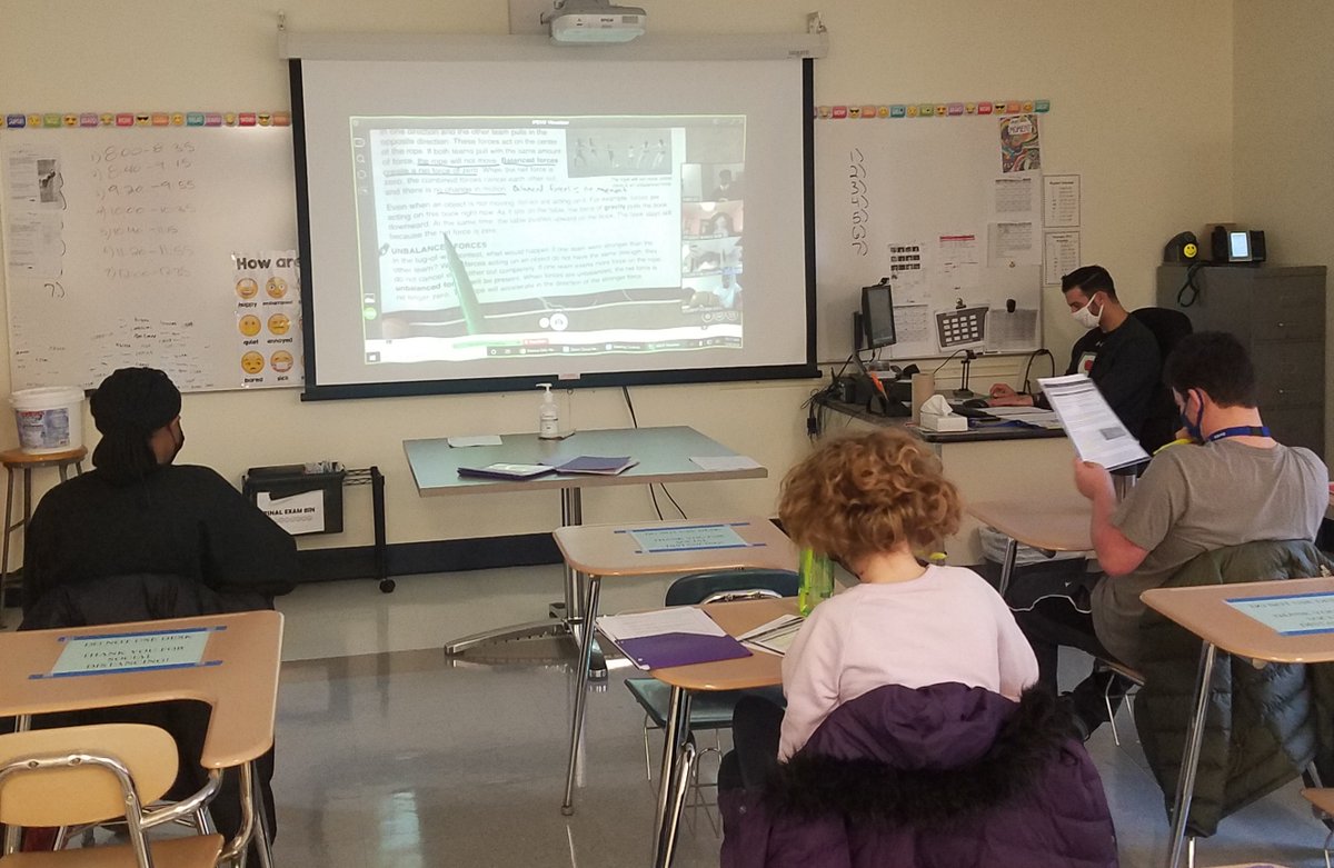 MsWilmot's tweet photo. In person and remote students in Mr. Ori's Science class simultaneously learned about friction. After listening to a song and reading an article together using the document camera, students completed an activity to identify balanced objects. https://t.co/ZfozuGVbhj