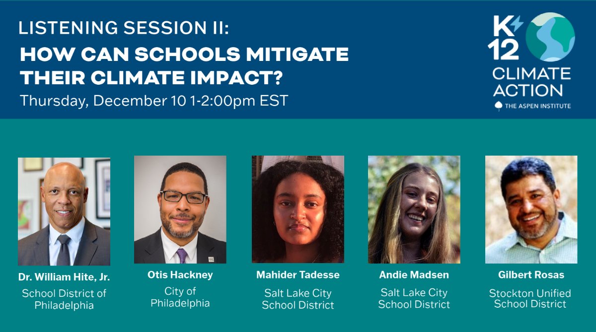 Navy and teal background with white text reading "Listening Session II: How Can Schools Mitigate Their Climate Impact? Thursday, December 10 1-2pm ET" next to K12 Climate Action logo. Below are headshots, names, and affiliations of the five panelists.