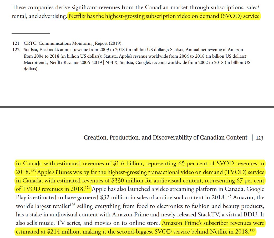 Nor does the  #CMR rpt the equivalent figures for Canadian services such as Bell's Crave, Quebecor's illico or CBC Gem. Not explaining these corrections y-o-y is important b/c last year's inflated figures are the ones reported by the  #BTLR & which now inform Bill C10 to revise...