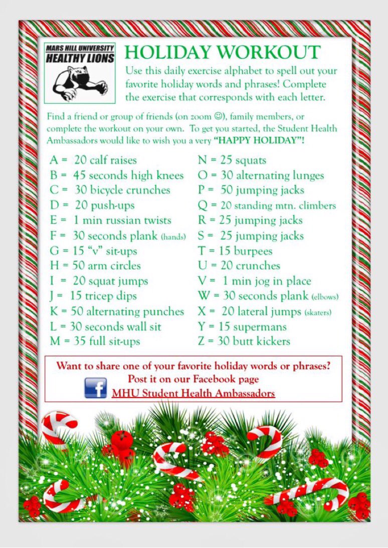 Gyms too crowded?! Work out at home with our SHA holiday workout challenge!! Today’s word “ candy cane” #lionstong🦁