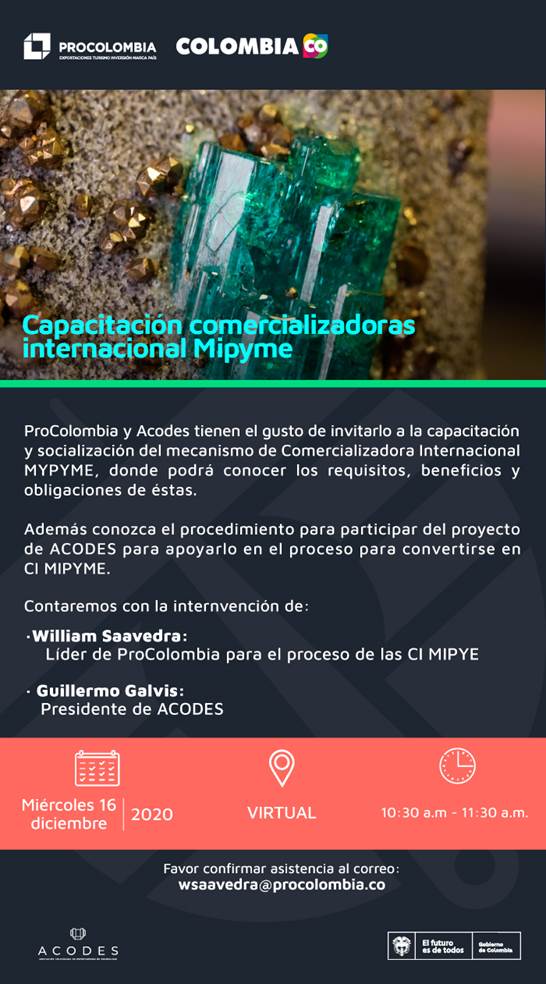 aprecol's tweet image. @PROCOLOMBIACO y @acodes invitan al seminario para conocer los requisitos y beneficios de ser CI MIPYME y el acompañamiento del plan de trabajo. 
 
Regístrese en pmanizales@procolombia.co o wsaavedra@procolombia.co

Aquí el enlace de visualización:  teams.microsoft.com/l/meetup-join/…