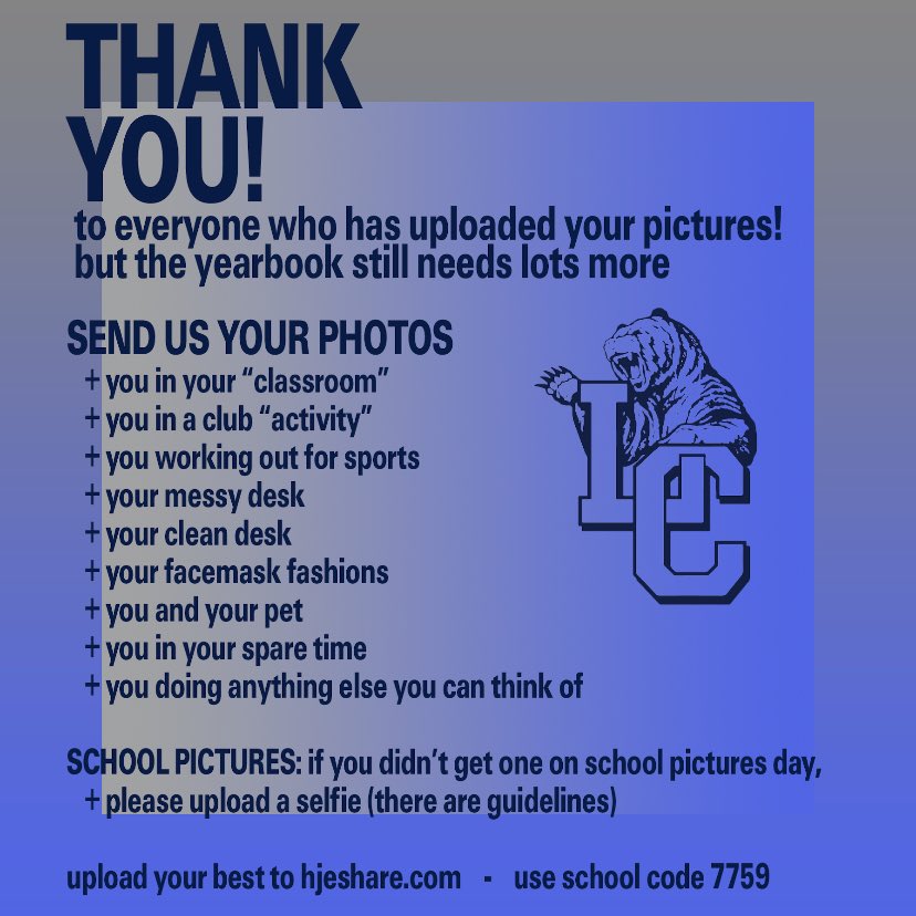 LCHS! We still need your photos!!! Be sure to take CANDID photos and submit them to us through eshare! Don’t forget you get an entry to win 1 of 3 free yearbooks for every photo you submit, so show us what you got!