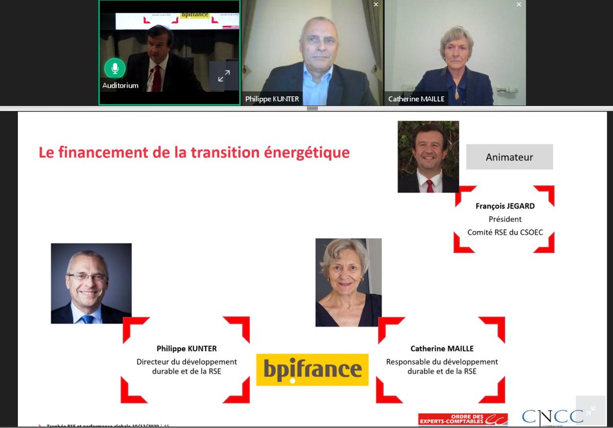 2e table ronde "le #financement de la #TransitionEnergétique" c'est maintenant avec les participations de <a href="/phkunter/">Philippe Kunter</a>, directeur du développement durable et de la #RSE <a href="/Bpifrance/">Bpifrance</a> et Catherine Maille, responsable développement durable et RSE #Bpifrance animée par <a href="/Francois_Jegard/">François JEGARD</a>.