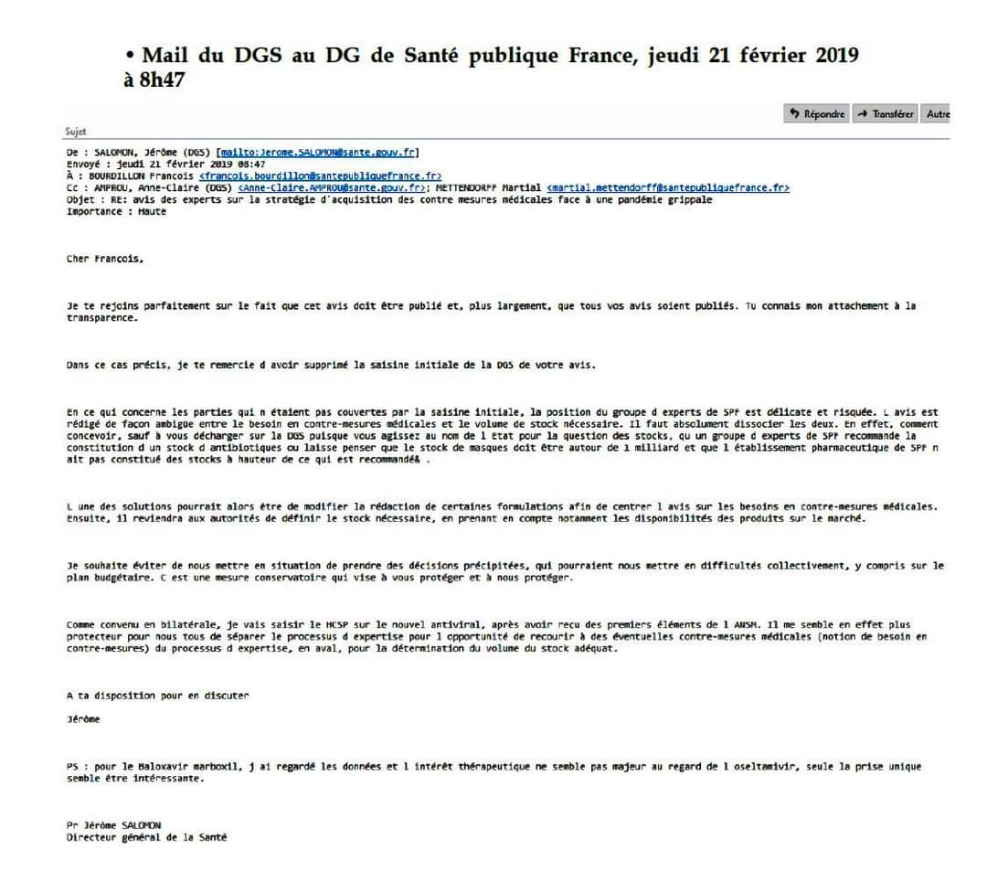 ❌ Scandale d'État ? 

La commission d’enquête du <a href="/Senat/">Sénat</a> s’est procuré un échange de mails entre Jérôme Salomon et <a href="/SantePubliqueFr/">SantépubliqueFrance</a>  attestant de pressions pour empêcher la publication d’un rapport établissant que la France aurait dû avoir 1 milliard de masques. 

Le voici 👇