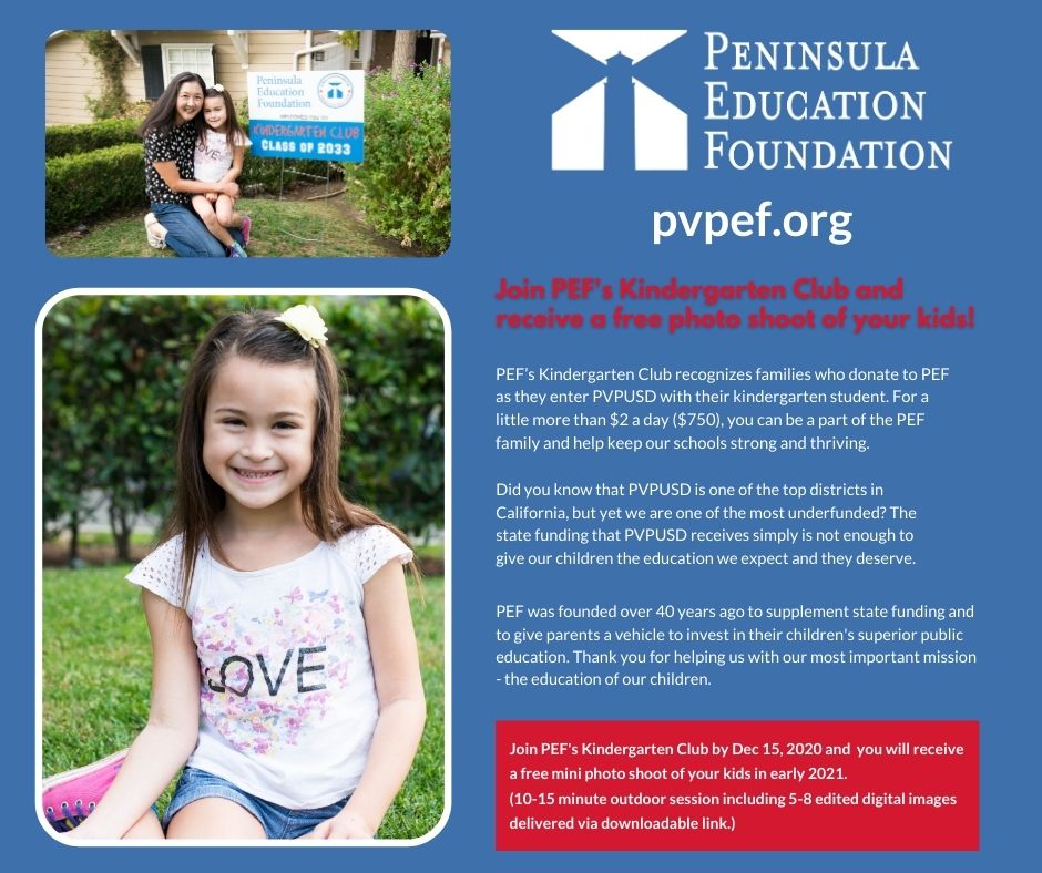 PenEdFoundation's tweet photo. Attention Kindergarten parents! Join PEF's Kindergarten Club with a $750+ donation and receive a free mini photo shoot of your children in early 2021. Must join by Dec 15! Thank you for enriching the future of our children. Go to https://t.co/xilkX4sTHt.#PEFStrong #PVProud https://t.co/vUWyUNj2r6