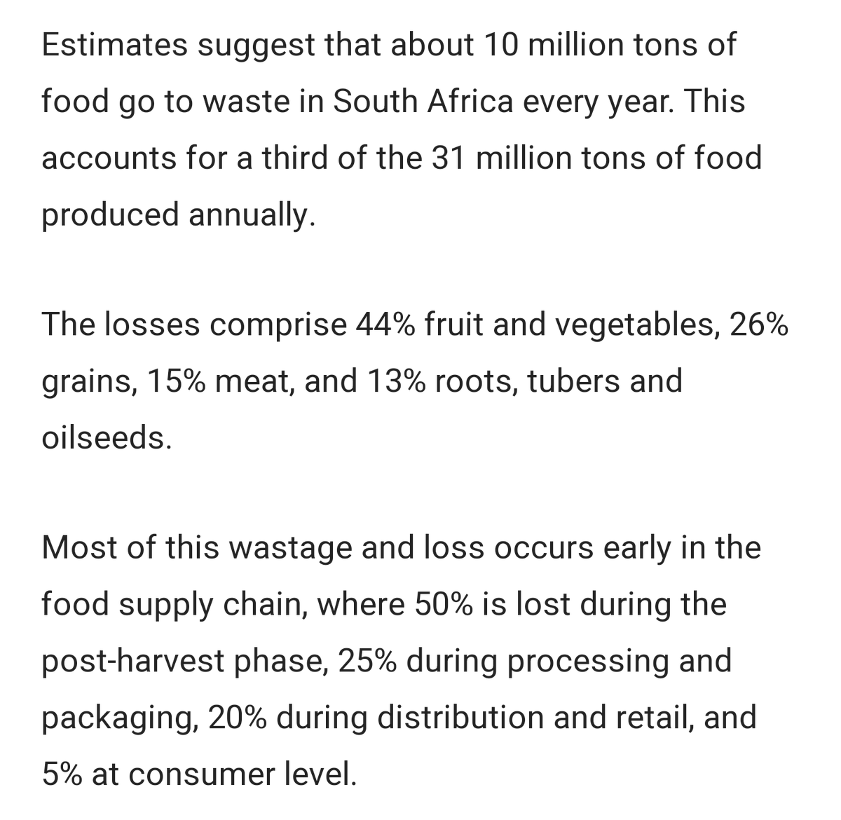 Waste, as in food that is produced but not consumed. But rather disposed of.In this subject matter, the part we're interested in is the 20% during distribution and retail. https://www.farmersweekly.co.za/opinion/by-invitation/cost-south-africas-food-loss-waste/#:~:text=Estimates%20suggest%20that%20about%2010,in%20South%20Africa%20every%20year.&text=Most%20of%20this%20wastage%20and,and%205%25%20at%20consumer%20level