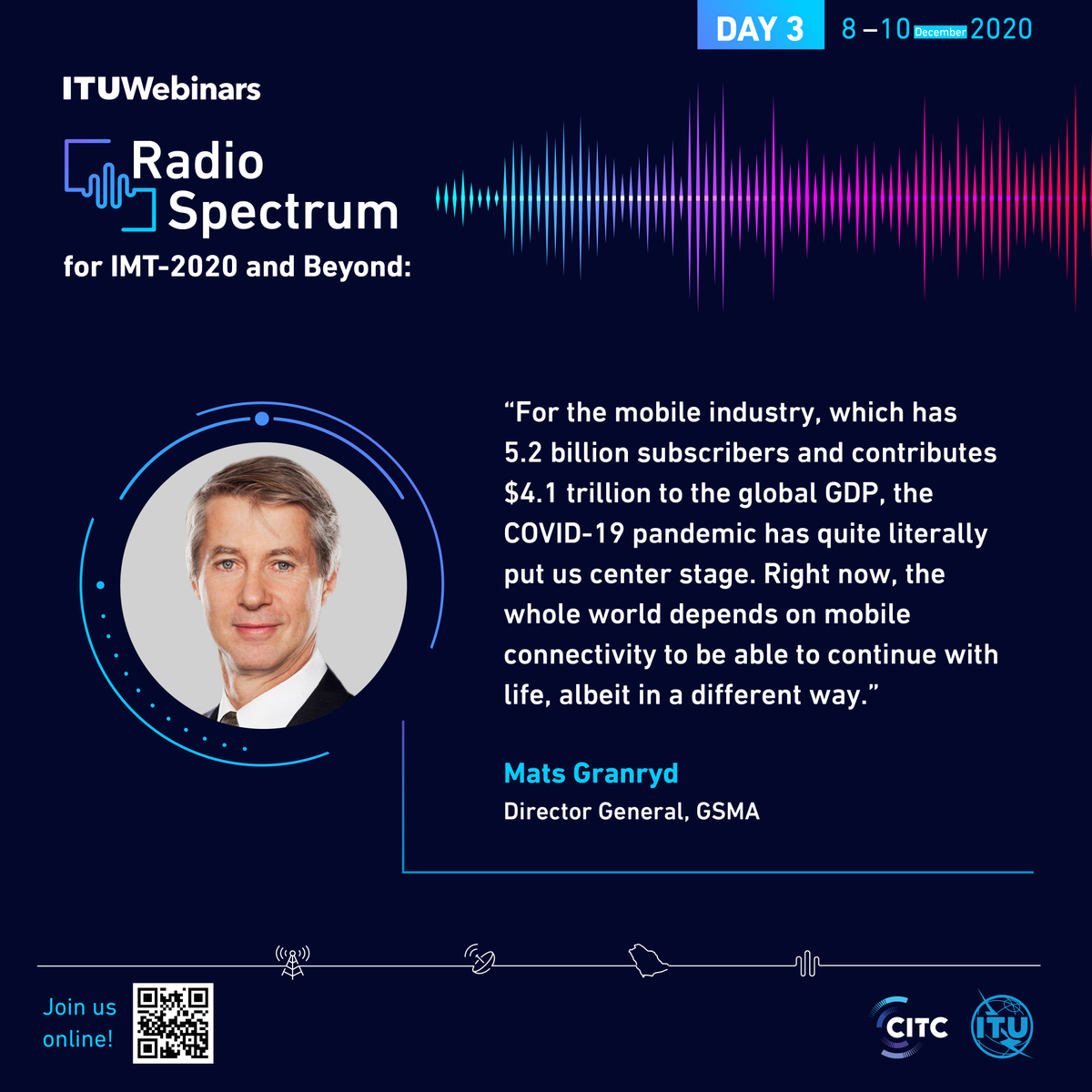 CST_KSA's tweet photo. Director General of @GSMA, @MatsGranryd, closes the last day of the #Spectruminnovation webinar with an excellent talk on how integral mobile communications are in helping to tackle the challenges of today and in shaping our future. https://t.co/UFHlObWQ06