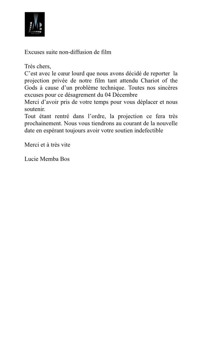WayDnd's tweet photo. Chers Cinéphiles, suite au désagrément qui a eu lieu le 4 décembre dernier à Canal Olympia Douala. 
La productrice @LucieMembaBos et son équipe s’excuse et nous rassure que tout est rentré dans l’ordre. 
#ChariotOfTheGods 
#Adrenaline #Action #amour #movie #media #lewaydednd https://t.co/xZxjeiiMzp
