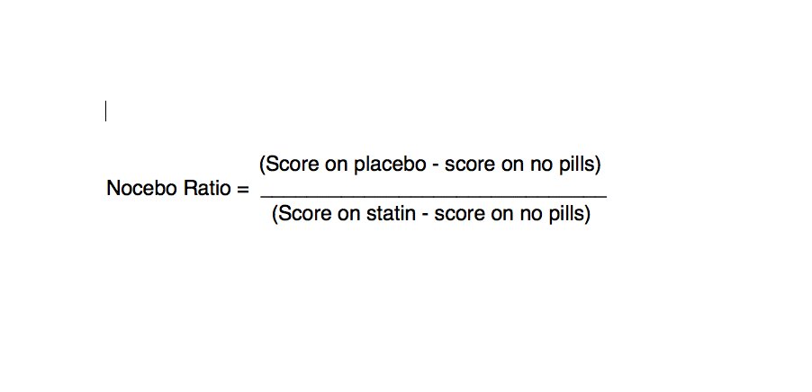 7/9 Difference between placebo and nocebo is in the response to the inert therapyA beneficial response to an inert substance = PLACEBO responseA side effect to an inert substance = NOCEBO responseThe "nocebo ratio" came out at roughly 90% in this trialThe nocebo ratio is 