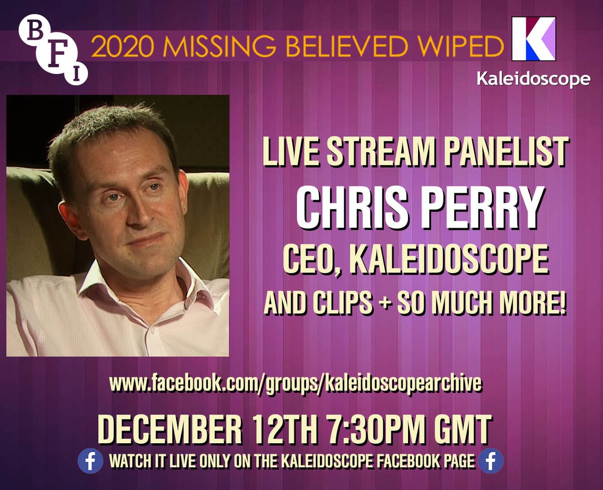 kaleidoscopetv's tweet photo. Are you excited for this year's virtual Missing Believed Wiped event this Saturday at 7:30pm GMT? Of course the CEO of Kaleidoscope Chris Perry will join us! This event will only be on our FB page so please sign up! 
@BFI #MBW2020 #MBW #missingepisodes https://t.co/FYjx3GVURl