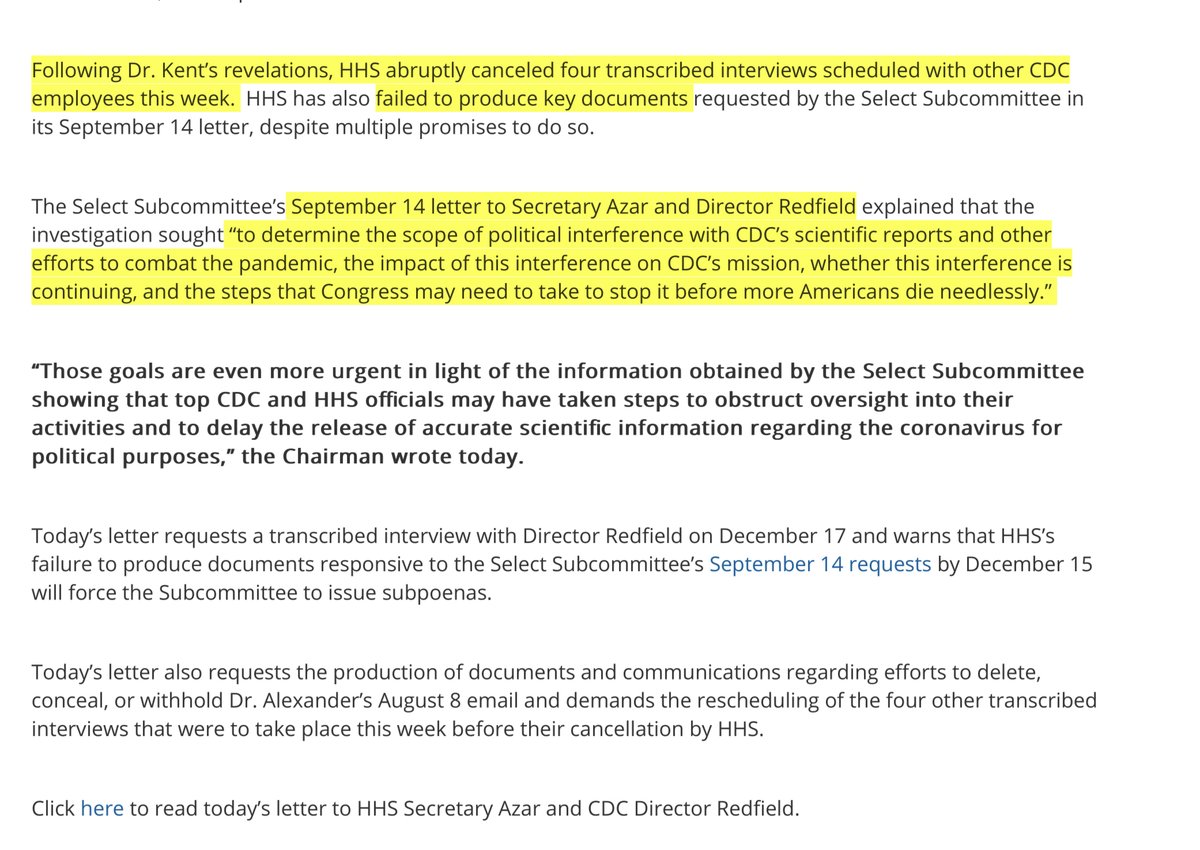 In addition the Select Committee appears to have released the email in question BUT  @HHSGov  @SecAzar canceling depositions isn’t a good look - at allits consciousness of guilt type behavior  https://coronavirus.house.gov/news/press-releases/select-subcommittee-investigation-finds-evidence-career-cdc-officials-were