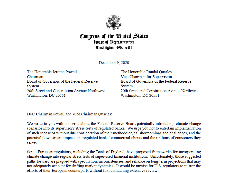 A few thoughts on the House Republican arguing that the Fed shouldn’t incorporate climate into stress tests. /1
