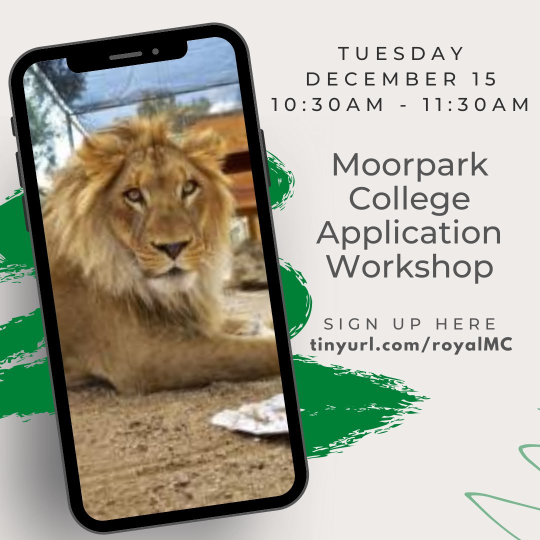 🚨 Sign up NOW‼️ Moorpark College Application Workshop✅ Tuesday 12/15 10:30am-11:30am 👩‍💻 👨‍💻 tinyurl.com/royalMC #RoyalLife