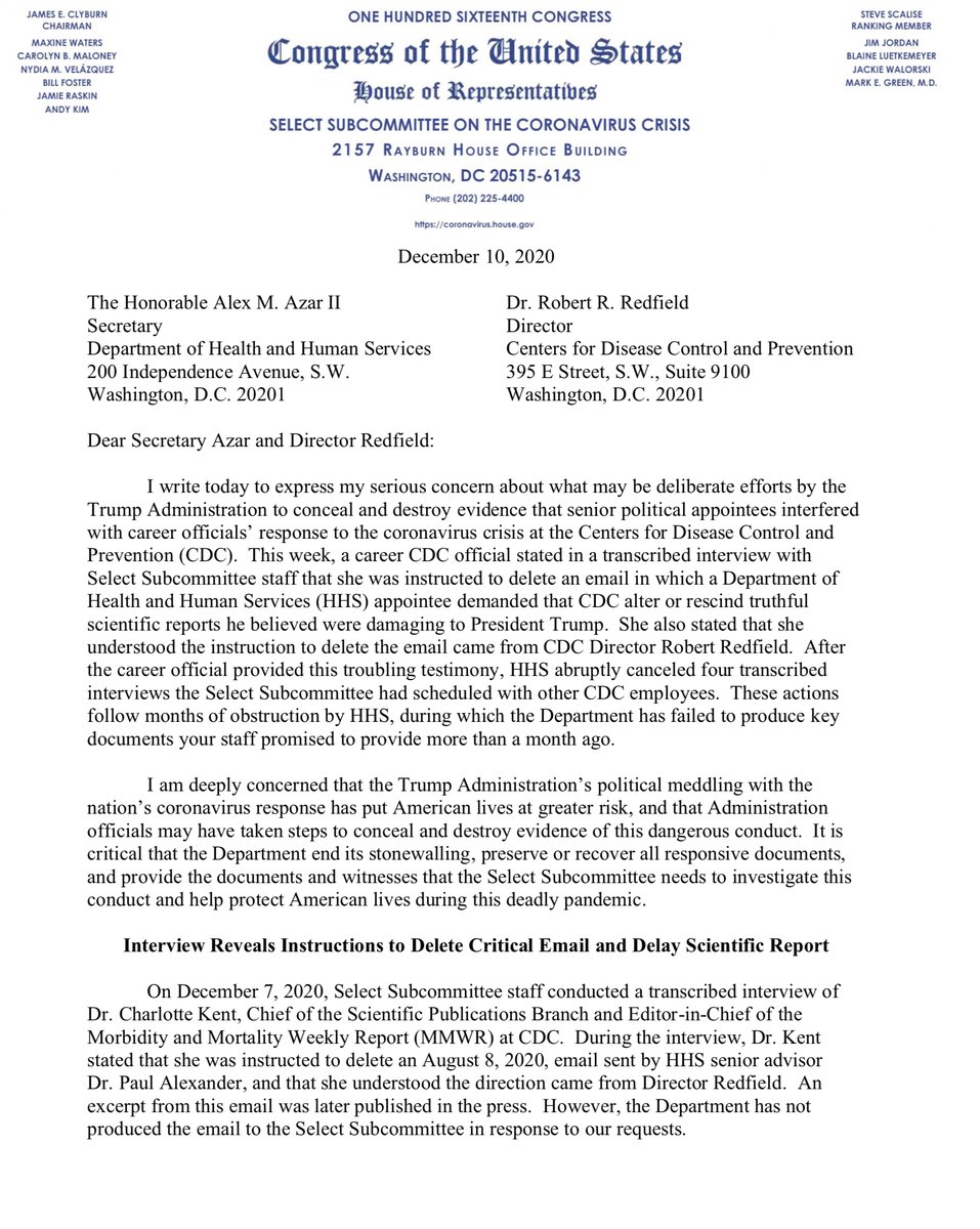 Today’s  @COVIDOversight letters to  @CDCDirector and  @SecAzar You get these letters serve multiple purposes, namely contemporaneously memorializing the Congressional Record, right?I have a red team mtg but I’ll pick this up shortly after I’m out of my mtg https://coronavirus.house.gov/sites/democrats.coronavirus.house.gov/files/2020-12-10.Clyburn%20to%20HHS%20re%20Redfield%20%281%29.pdf