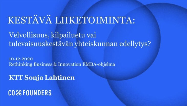 Tutkimusjohtajamme <a href="/SoniaKatariina/">Dr. Sonja Sulankivi</a> luennoi tänään EMBA-opiskelijoille kestävästä liiketoiminnasta. Kysymykseen voitaneen vastata vastakysymyksellä: ”Vai kaikkea tätä?”
#kestäväkehitys #tulevaisuus #liiketoimintamallit #innovointi #vastuu