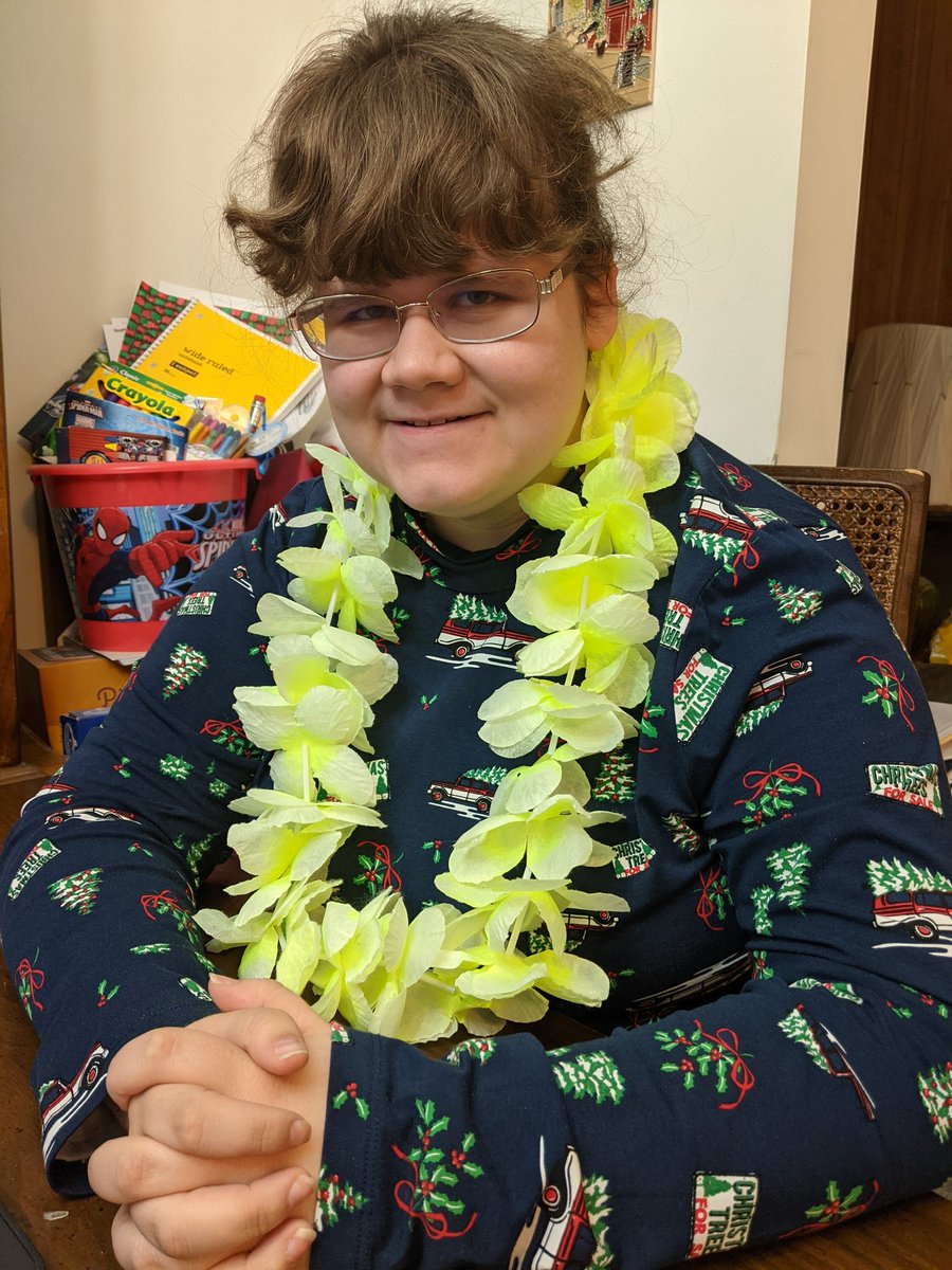crickettcakj's tweet photo. @DixieHeightsHS @Dixie_Principal @DHHSBuddyClub Molly Jones did not have a Hawaiian shirt for the 6th day of Christmas, but she has a lei! #12DaysOfChristmas https://t.co/22ltV9EJKx