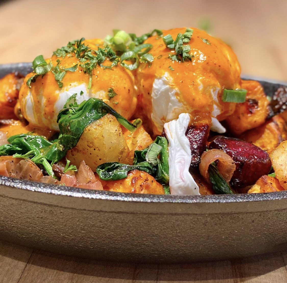 For all my vegetarian friends, starting this weekend we’ll be serving this delicious Harvest Hash - Beets, Yams, Potatoes, Spinach, Mushrooms, Onions &amp; Herbed Butter topped with Poached Eggs and Pimento Pepper Hollandaise. 
chewiesbiscuitco.com
#AllDayBrunch