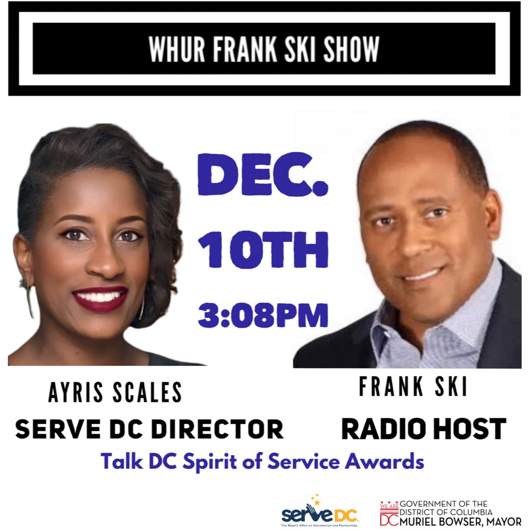 It’s time to #DoGoodDC
Now more than ever - during the holiday season it is important that we activate our DC Values and show our appreciation to those hometown heroes.
Join me as I discuss the Mayor Bowser’s Spirit of Service Awards on the Frank Ski Show <a href="/WHURfm/">whur.com</a>