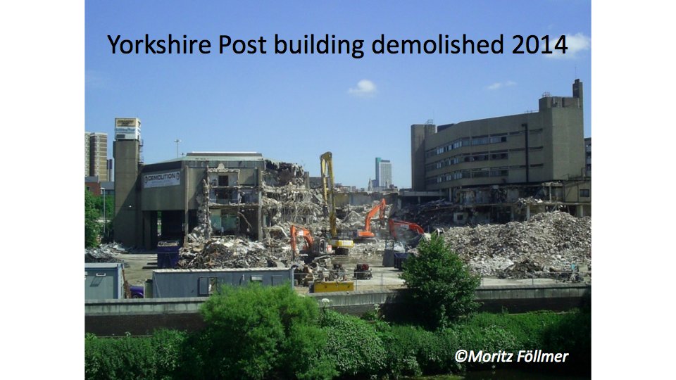Designed specifically to produce newspapers, so not possible to find viable alternative use for building. English Heritage refused to list it. Printing moved to other Yorkshire locations & remaining staff moved to nearby Whitehall Road.Site being redeveloped again. 6/7