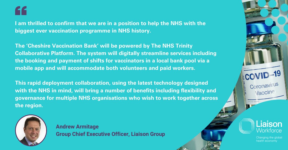 Liaison_Group's tweet photo. Liaison Group’s Chief Executive, Andrew Armitage, comments on the news that the ‘Cheshire Vaccination Bank’ powered by The NHS Trinity Collaborative Platform is to go live.
#NHS #NHSWorkforce #CollaborativeWorking #SystemCollaboration #HealthTech #DigitalHeath #COVID19UK https://t.co/PJSLgH1Syv
