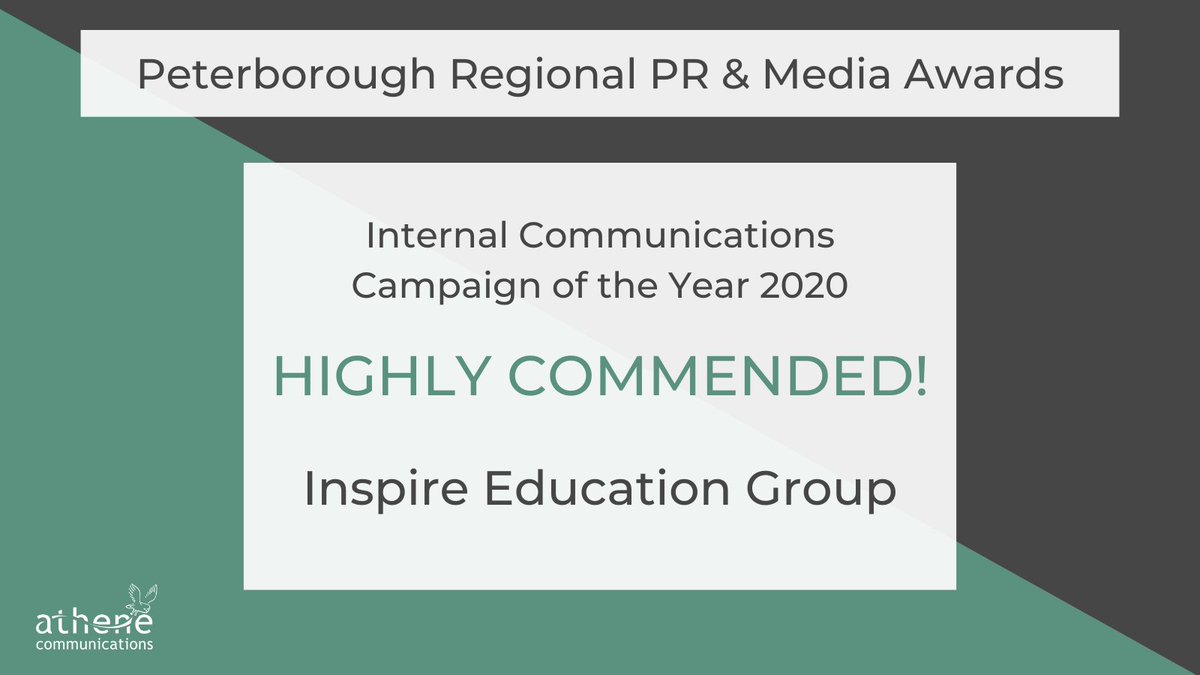 AtheneComms's tweet photo. ...next up is the award for Internal Communications Campaign of the Year 2020

Highly commended is Inspire Education Group.

Great work!

#PRPR2020 https://t.co/E5H7VtpMD2