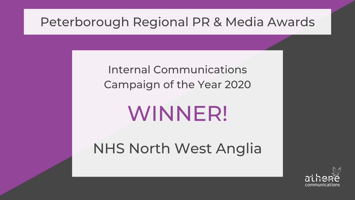 AtheneComms's tweet photo. And the winner for Internal Communications Campaign of the Year 2020 is... 

NHS North West Anglia @NWAngliaFT 

A huge well done 🥂

#PRPR2020 https://t.co/bDQ2DTSruj