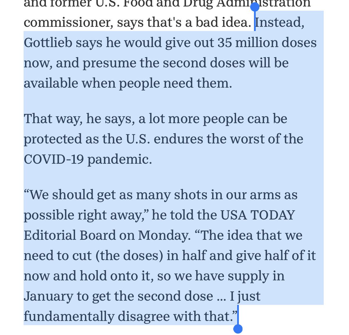 4) this 1-dose is good question.  @ScottGottliebMD thinks that if we have 40 million doses, we shouldn’t withhold half, but that we should just roll out 35 mil for everyone now. @ArthurCaplan also agrees. We should 1-dose vaccinate as many as possible.  https://amp.usatoday.com/amp/3860363001 